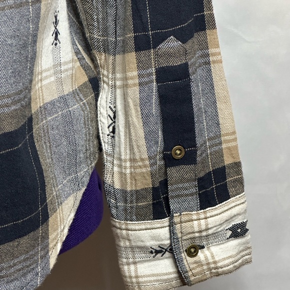 Women’s Button-Down Navy and Cream Plaid Shirt with Stud Shoulders Accents - Picture 10 of 15